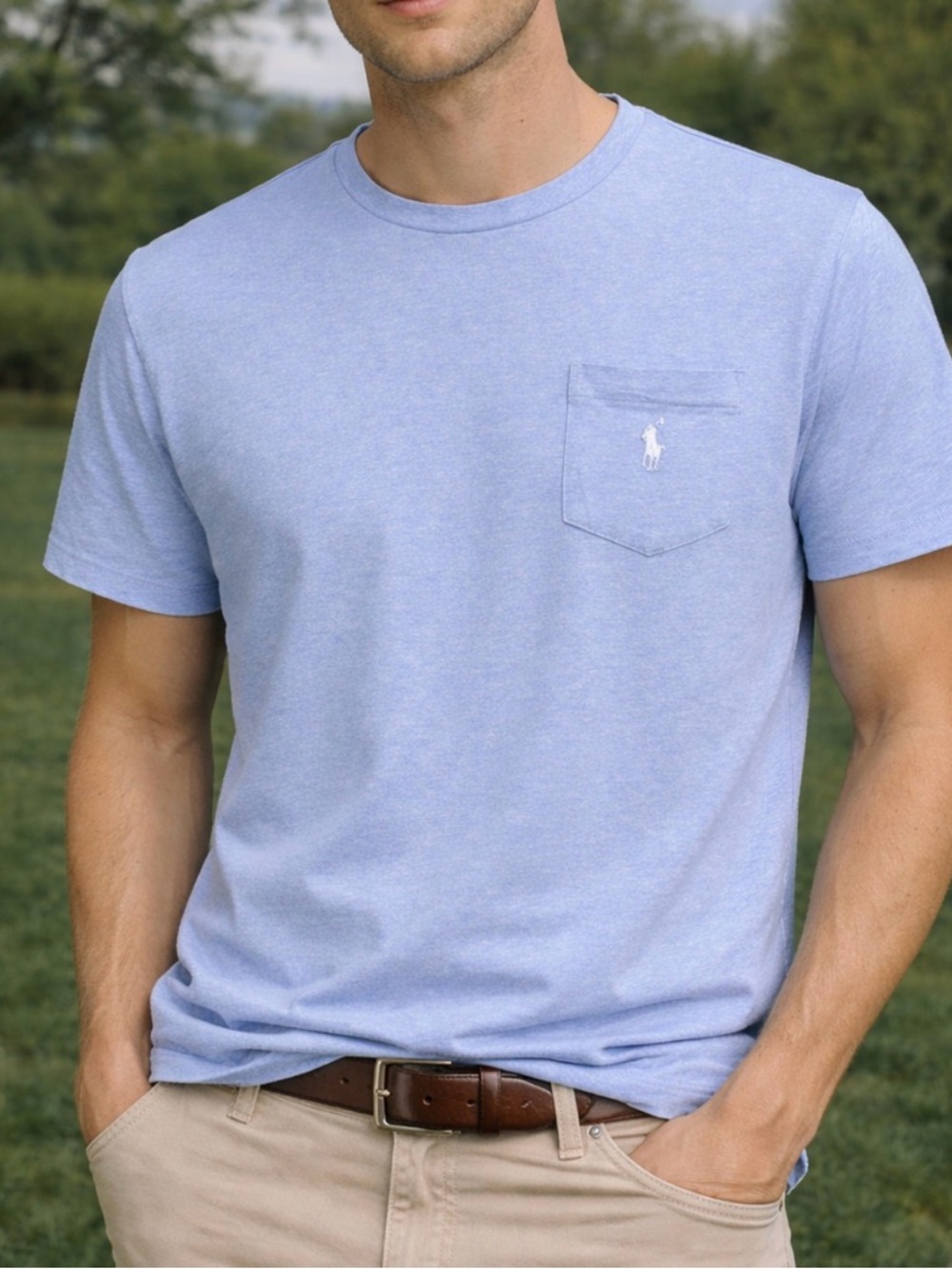 -Polo Ralph Lauren Grey S/S Tee w/Logo on Front Pocket T-Shirt Men's Large